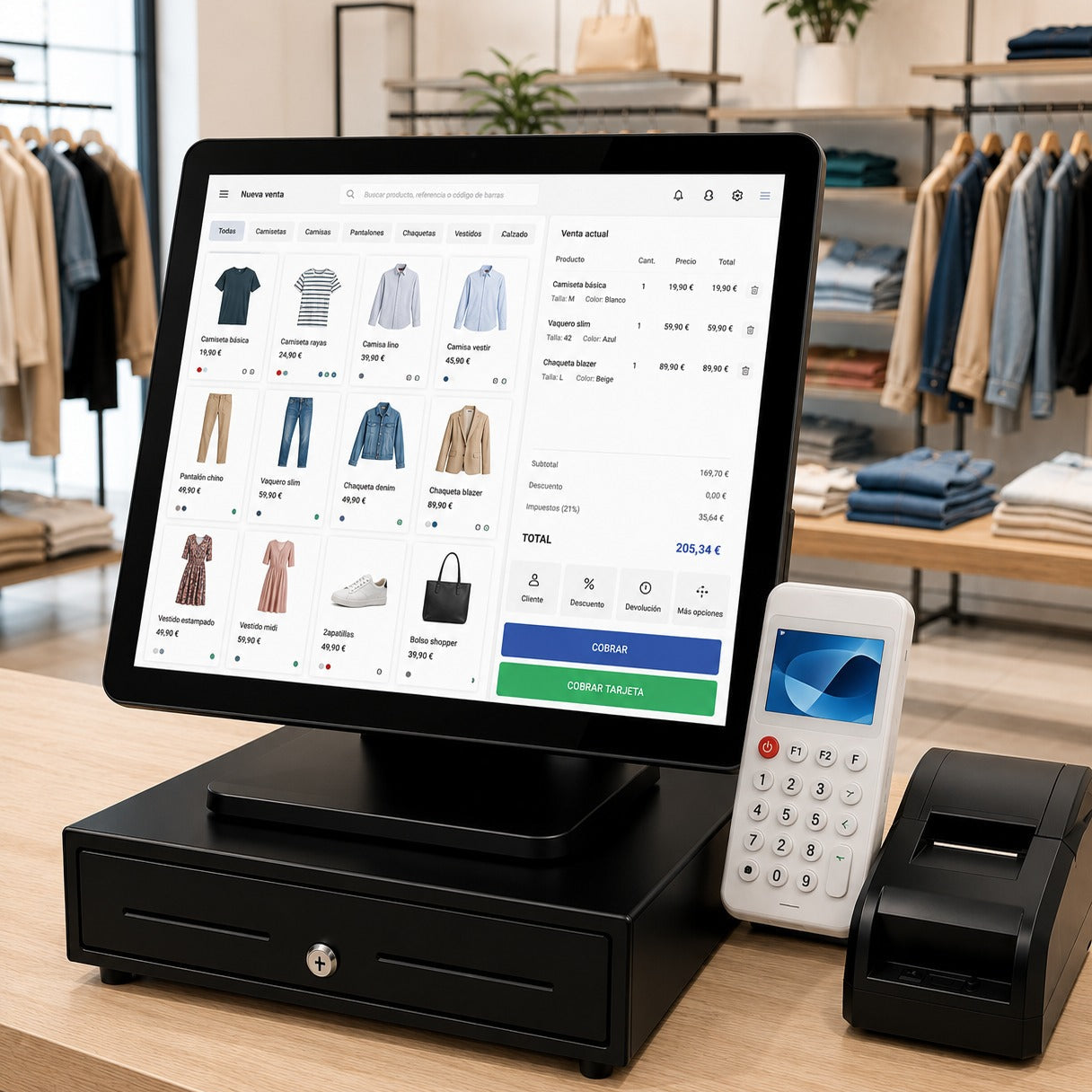 TPV táctil con datáfono e impresora funcionando en una tienda de ropa