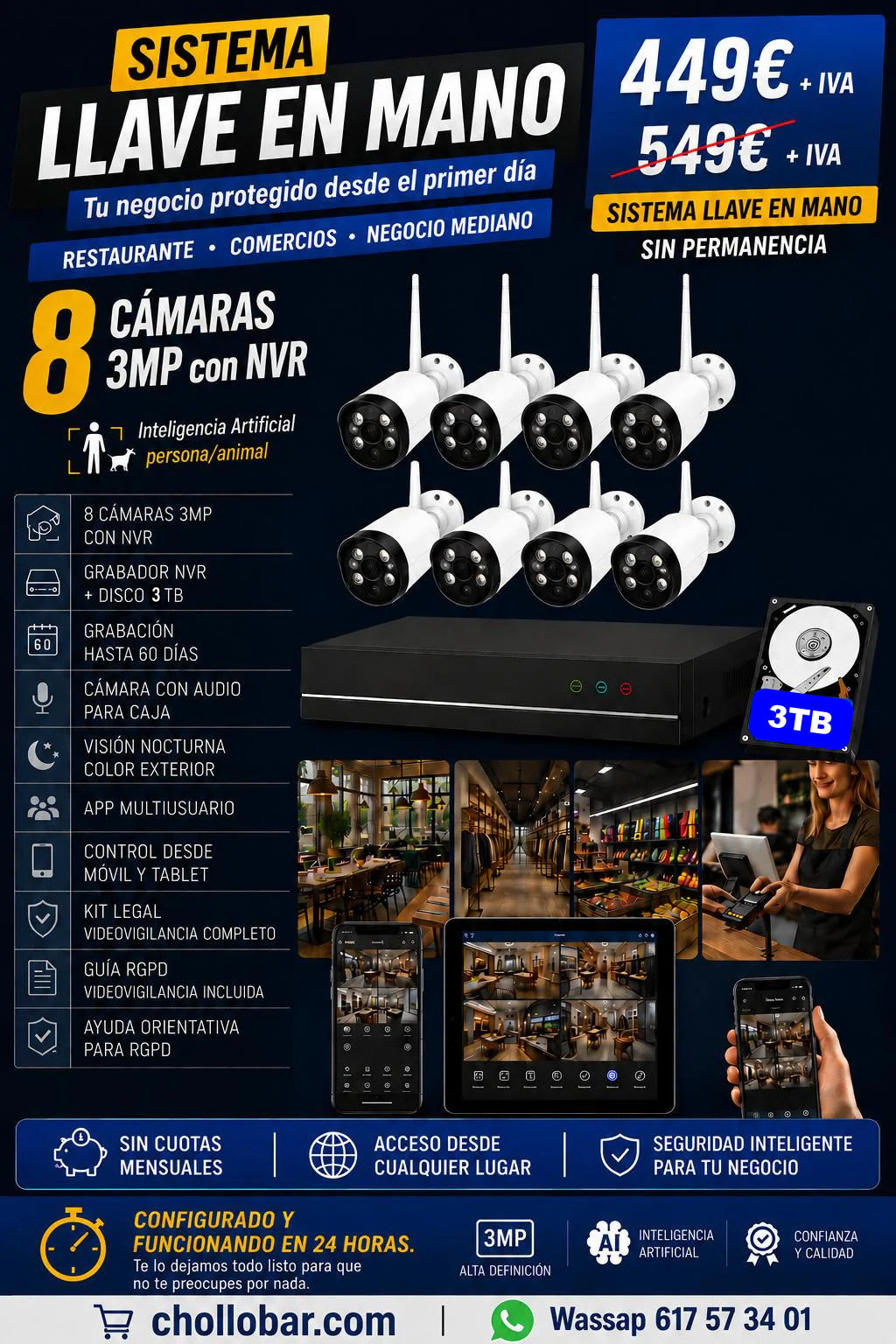 Sistema de videovigilancia WiFi para comercios - 8 cámaras 5MP, cobertura total y sin cuotas