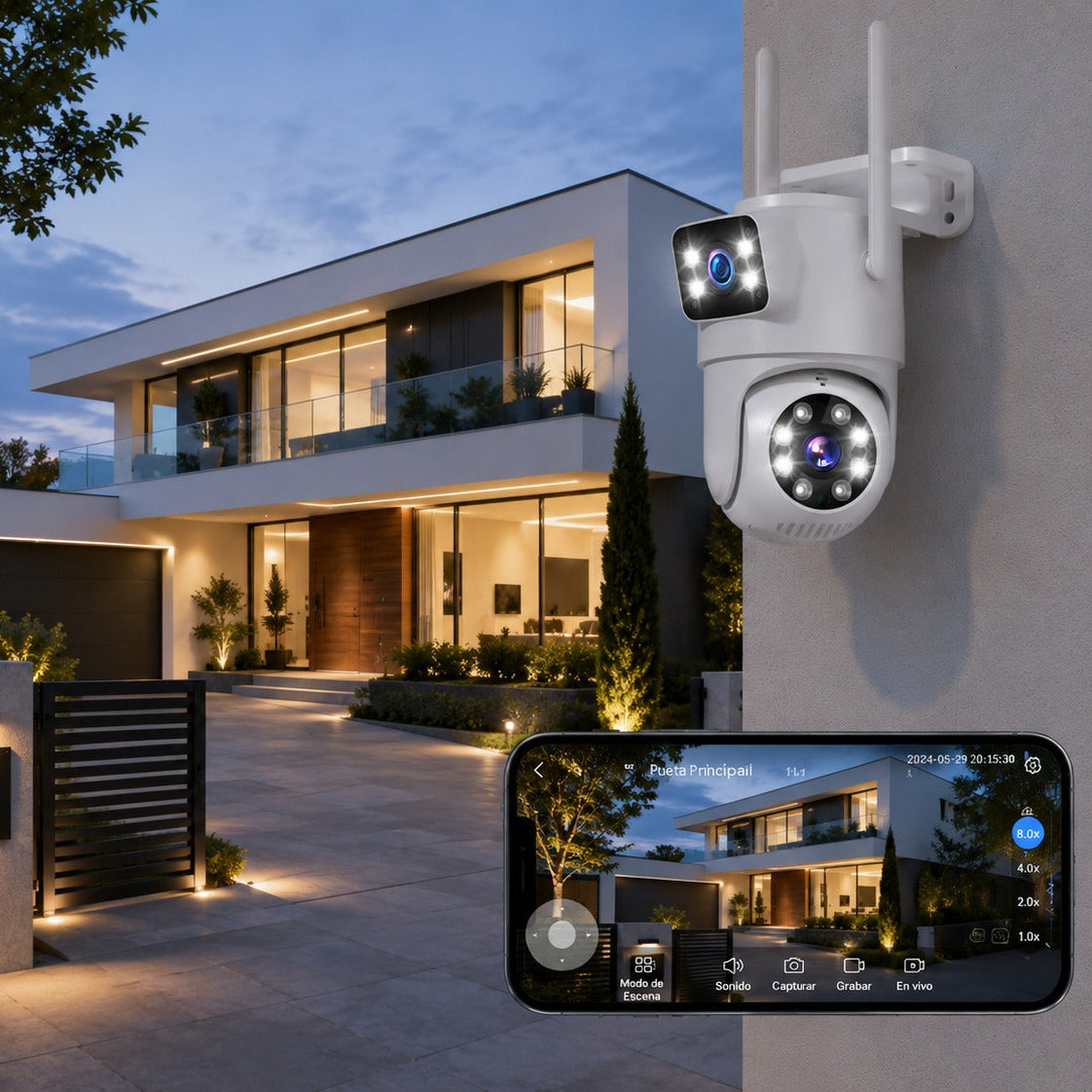 Cámara exterior WiFi doble lente — visión 360° y sin cuotas