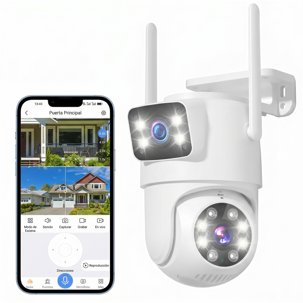 Cámara exterior WiFi doble lente — visión 360° y sin cuotas
