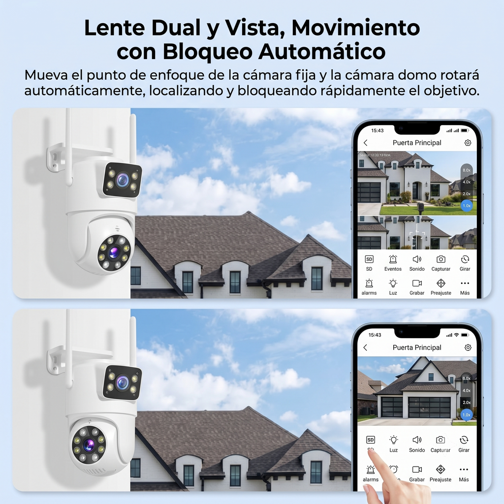 Cámara exterior WiFi doble lente — visión 360° y sin cuotas