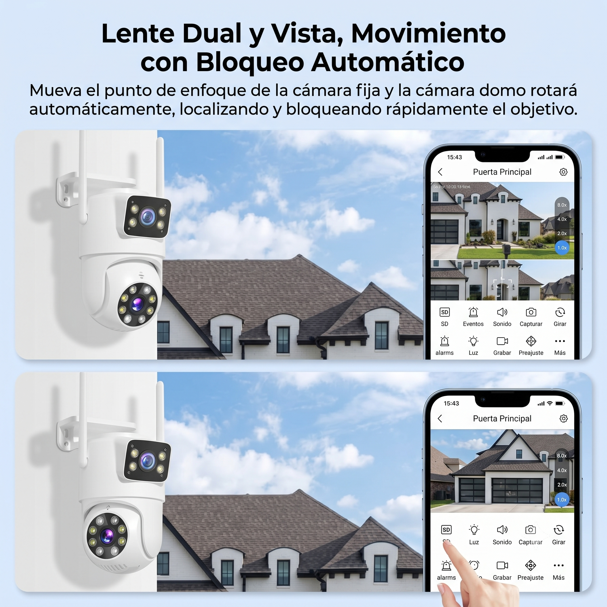 Cámara exterior WiFi doble lente — visión 360° y sin cuotas