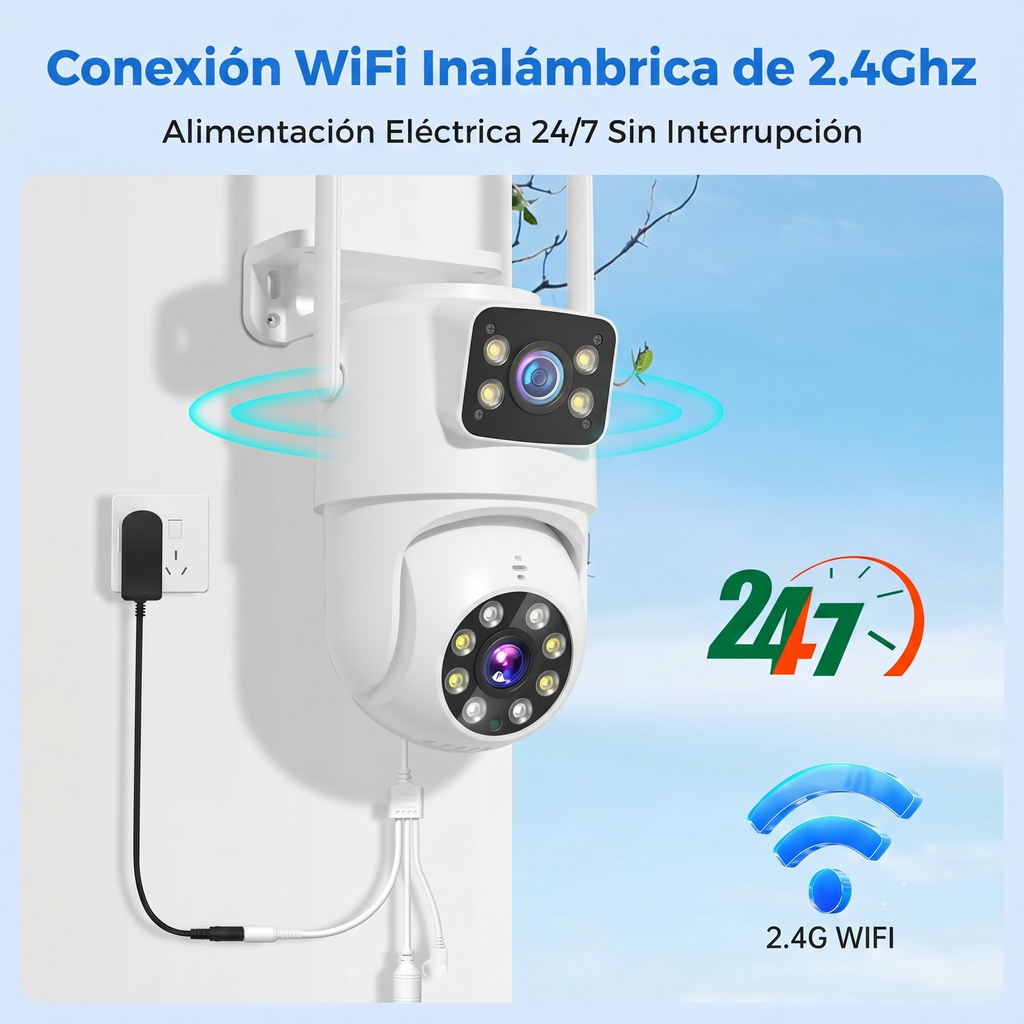 Cámara exterior WiFi doble lente — visión 360° y sin cuotas