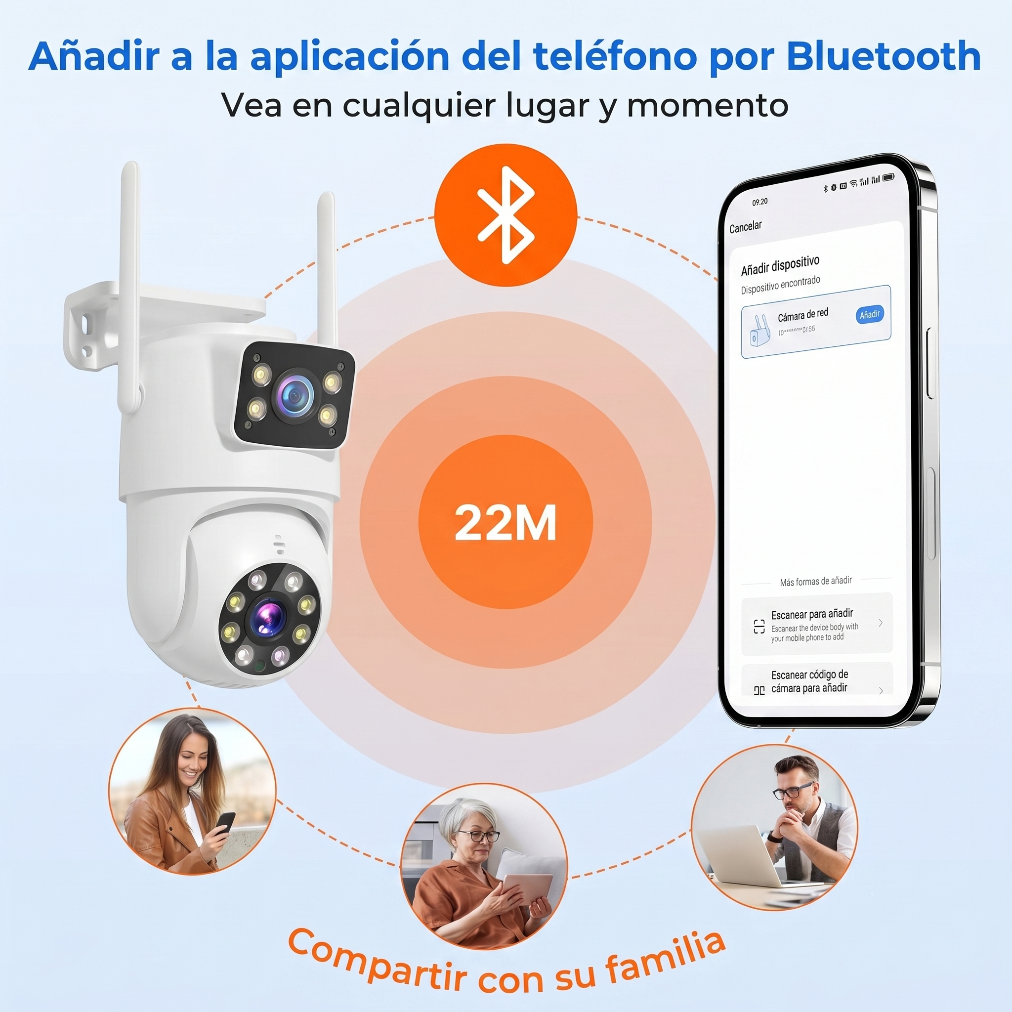 Cámara exterior WiFi doble lente — visión 360° y sin cuotas