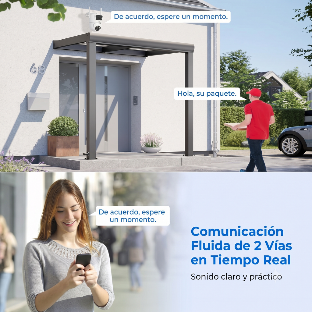 Cámara exterior WiFi doble lente — visión 360° y sin cuotas