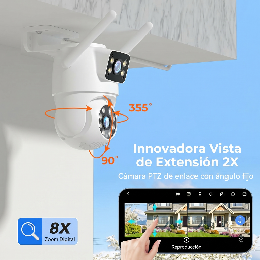 Cámara exterior WiFi doble lente — visión 360° y sin cuotas