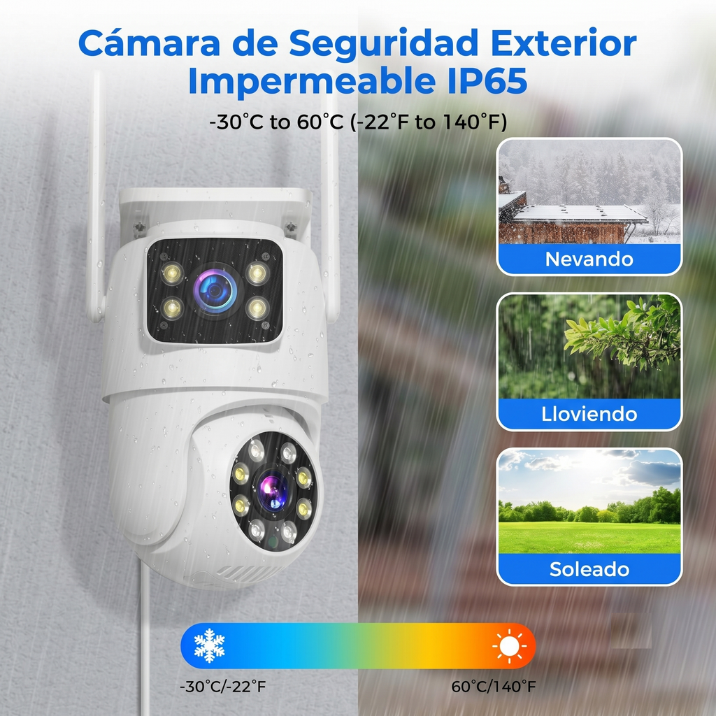 Cámara exterior WiFi doble lente — visión 360° y sin cuotas