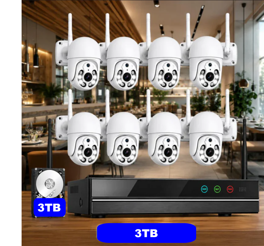 Videovigilancia inteligente para bares y restaurantes — 8 cámaras PTZ motorizadas con IA, todo incluido y listo en 24 horas