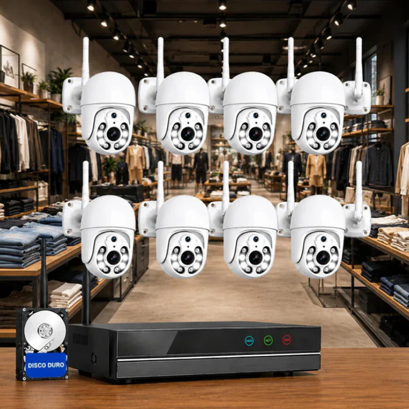 Videovigilancia inteligente para comercios - 8 cámaras PTZ motorizadas con IA, cobertura total y sin cuotas