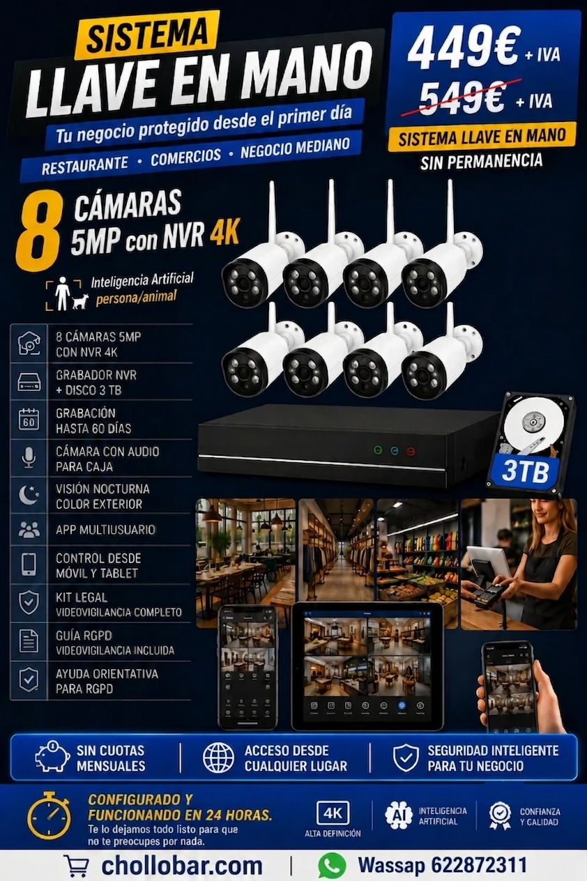 Sistema de videovigilancia WiFi para bares y restaurantes — 8 cámaras 5MP, todo incluido y listo en 24 horas