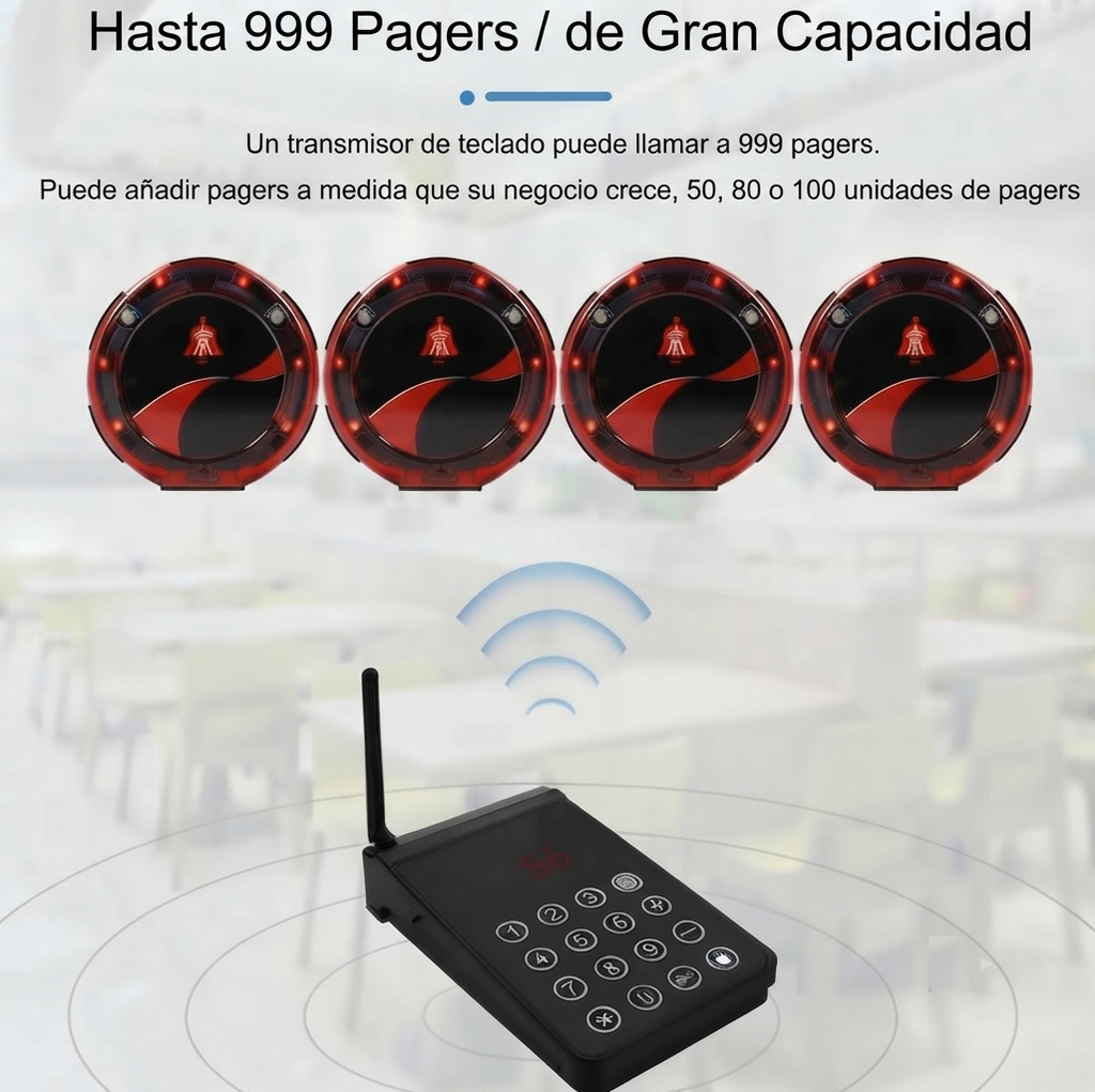 Sistema de buscadores de clientes inalámbricos para restaurantes – Pack profesional de 10 unidades con base transmisora
