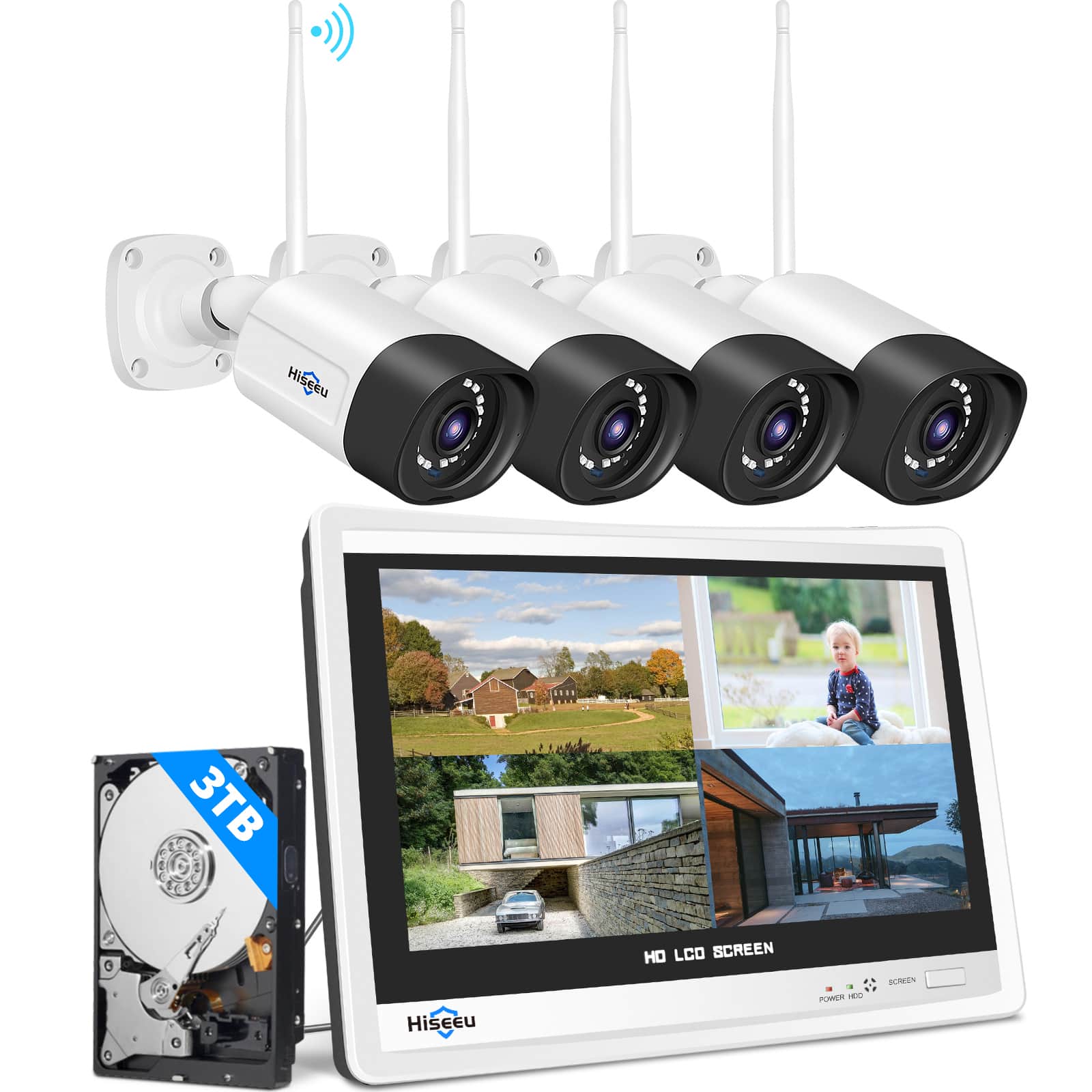 Sistema de cámara de seguridad inalámbrica con monitor LCD incluido, resolución 3 MP (1536p) y audio bidireccional