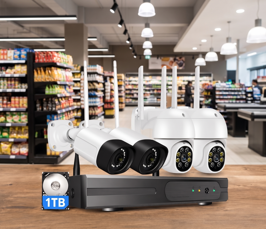 Sistema de cámaras de seguridad 5MP para supermercados — Combinación inteligente de cámaras para una cobertura más eficiente