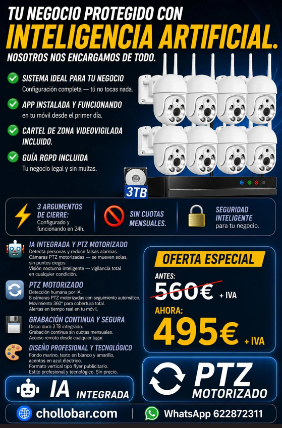 Videovigilancia inteligente para bares y restaurantes — 8 cámaras PTZ motorizadas con IA, todo incluido y listo en 24 horas