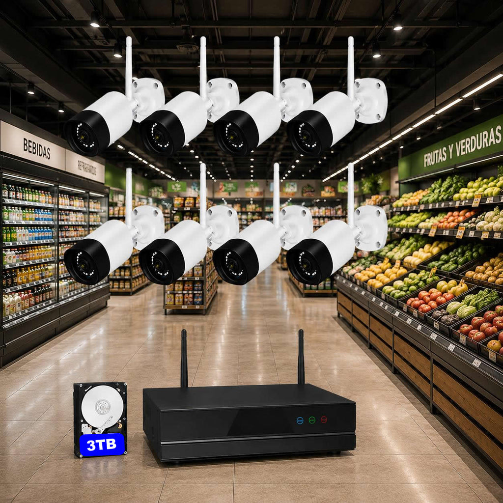 Sistema de videovigilancia WiFi para comercios - 8 cámaras 5MP, cobertura total y sin cuotas