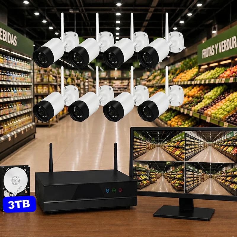 Sistema de videovigilancia WiFi para comercios - 8 cámaras 5MP, cobertura total y sin cuotas