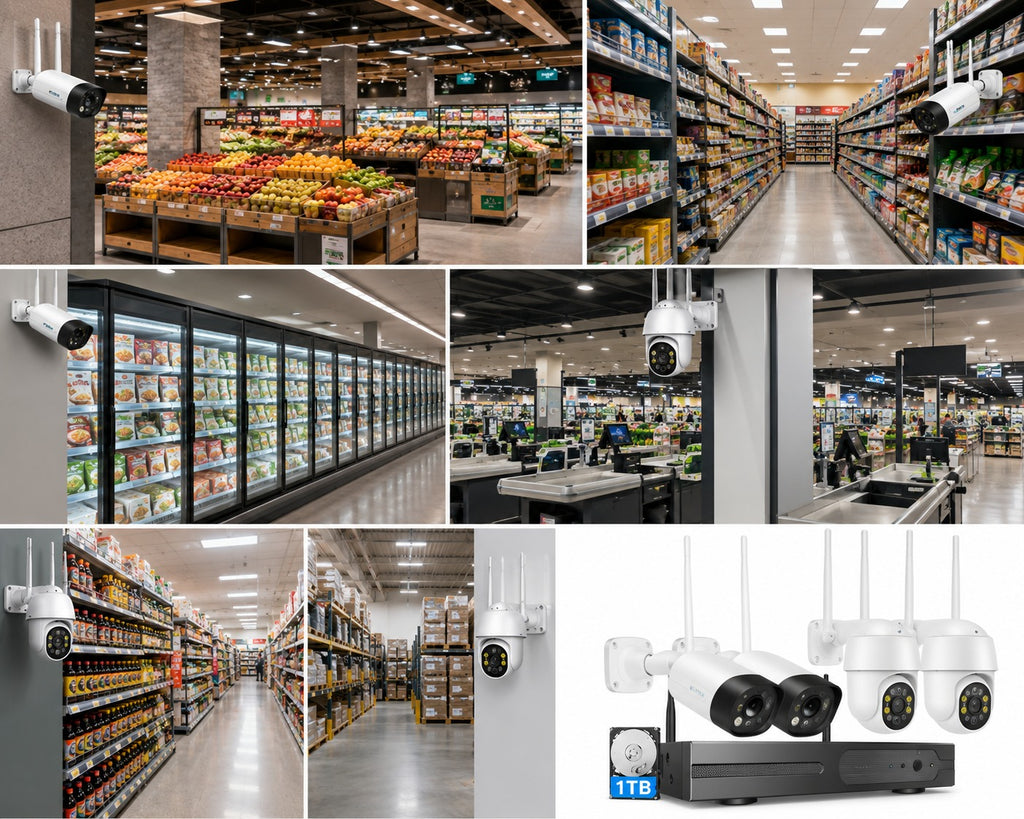 Sistema de cámaras de seguridad 5MP para supermercados — Combinación inteligente de cámaras para una cobertura más eficiente