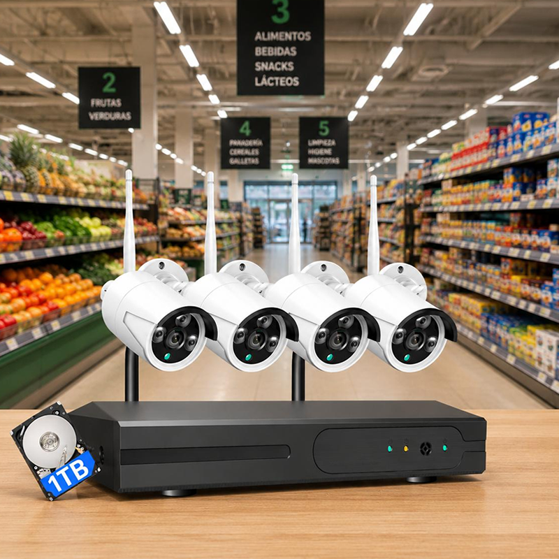 Sistema de videovigilancia WiFi para comercios — 4 cámaras desde 279€ + IVA, todo incluido y sin cuotas