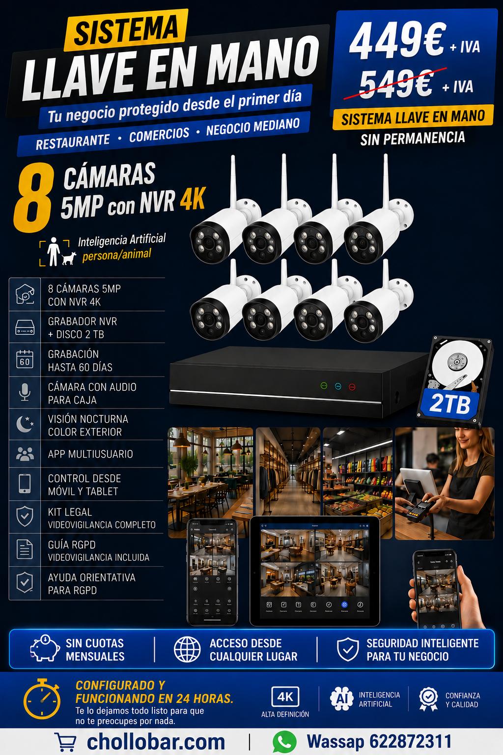 Sistema de videovigilancia WiFi para bares y restaurantes — 8 cámaras 5MP, todo incluido y listo en 24 horas
