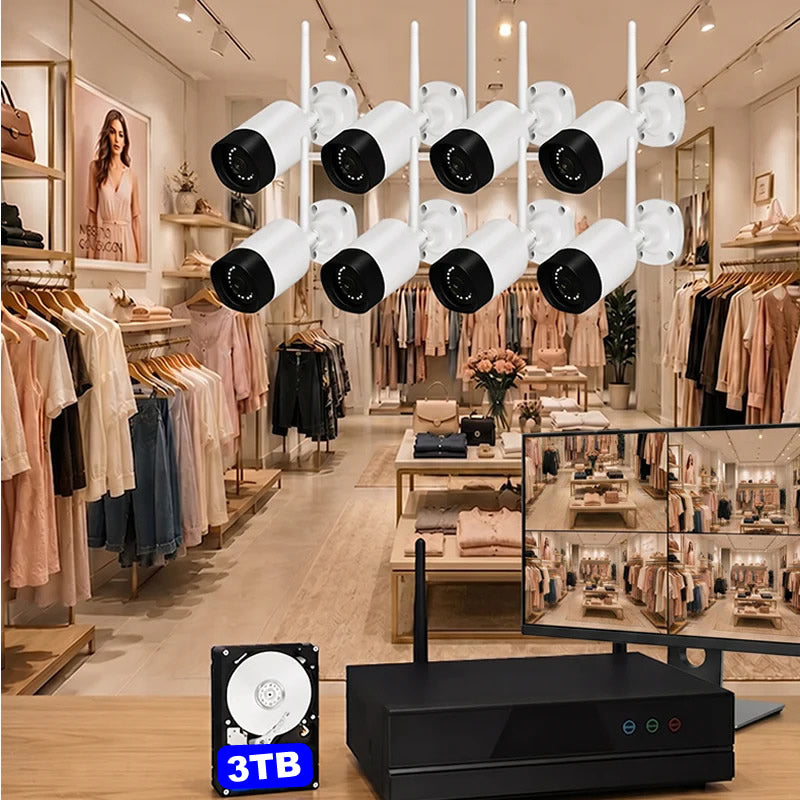 Sistema de videovigilancia WiFi para comercios - 8 cámaras 5MP, cobertura total y sin cuotas