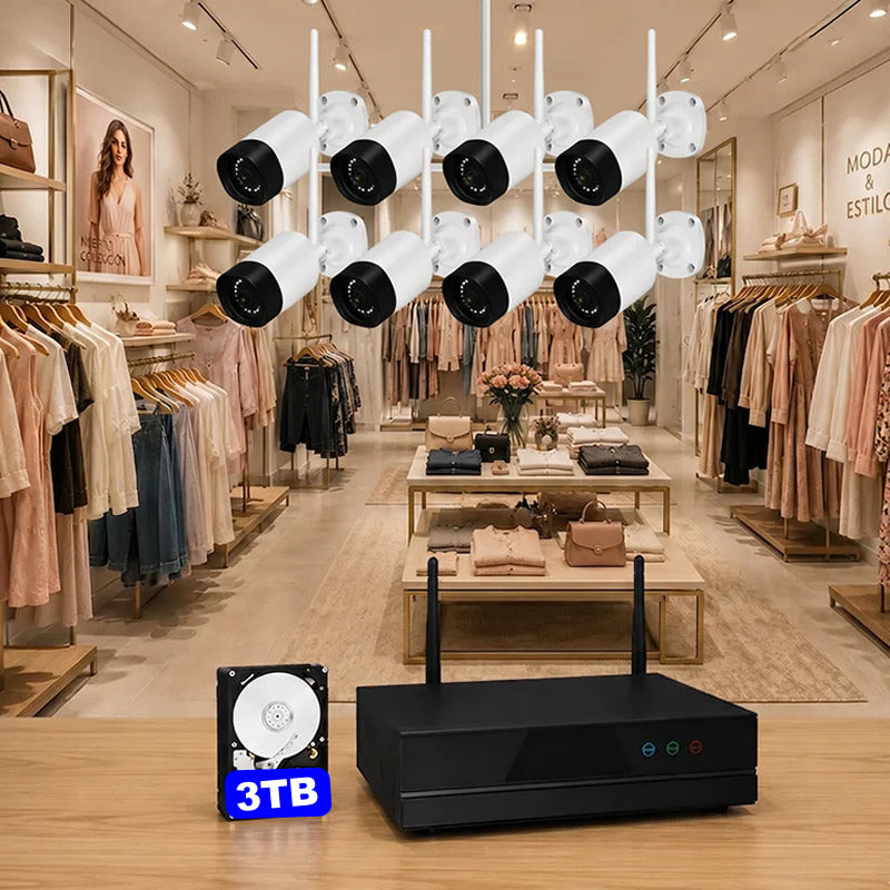 Sistema de videovigilancia WiFi para comercios - 8 cámaras 5MP, cobertura total y sin cuotas
