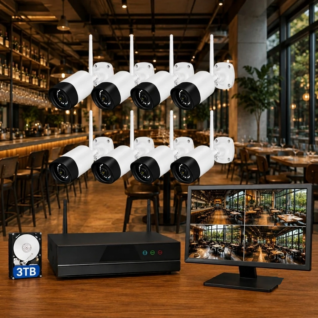 Sistema de videovigilancia WiFi para bares y restaurantes — 8 cámaras 5MP, todo incluido y listo en 24 horas
