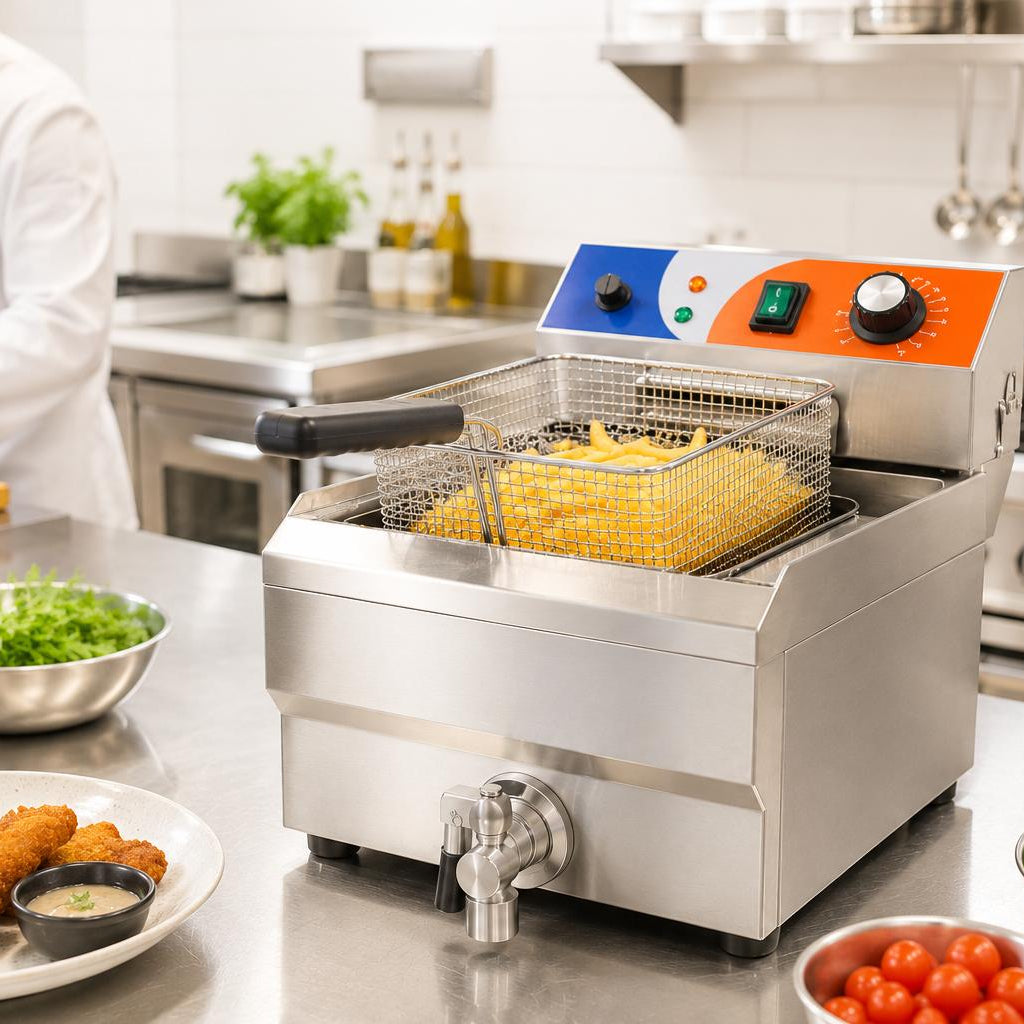 Freidora Eléctrica Profesional 10 Litros con Grifo — Vaciado Rápido para Cocinas Profesionales