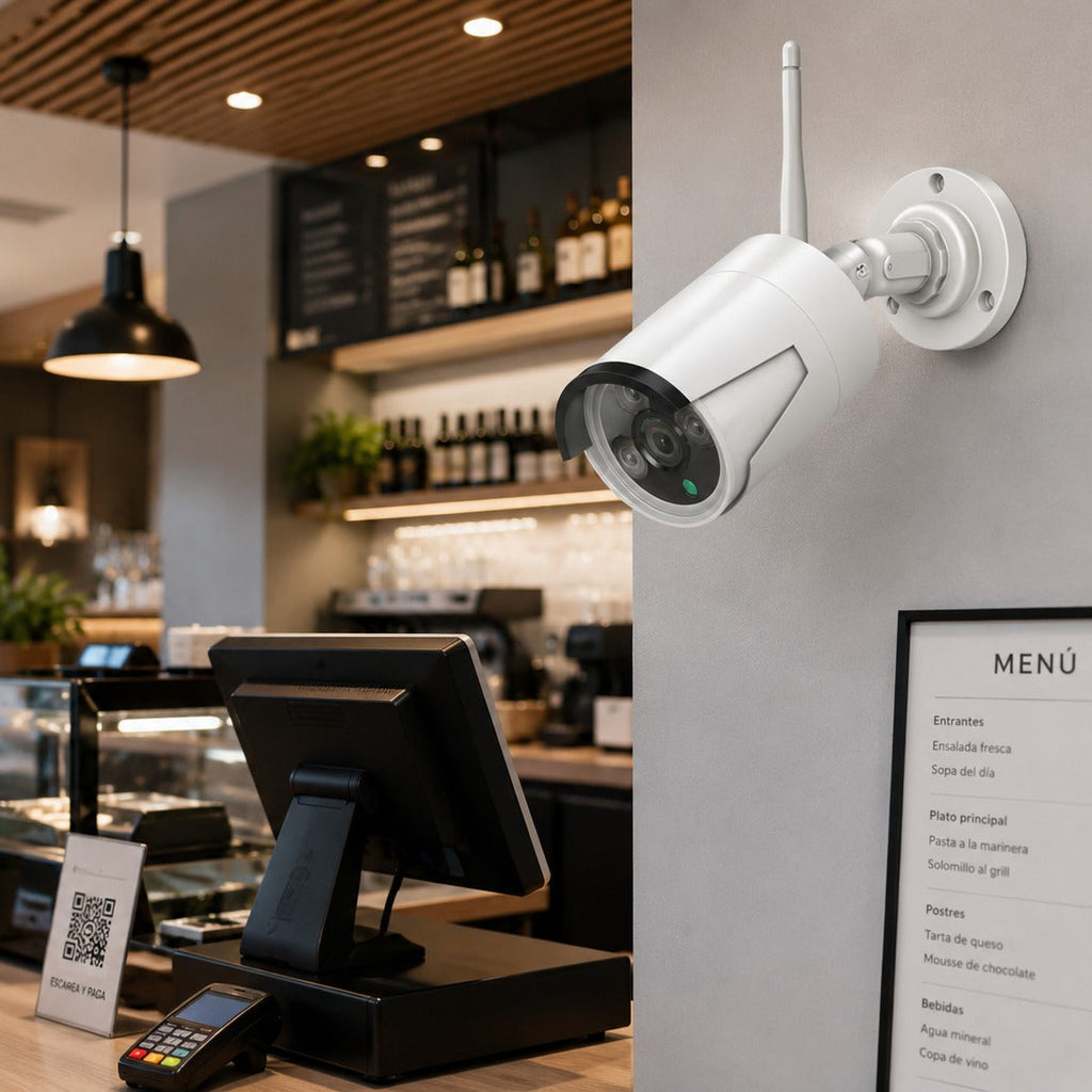 Cámara de seguridad WiFi 3MP para hostelería — Interior y exterior | Configuración incluida
