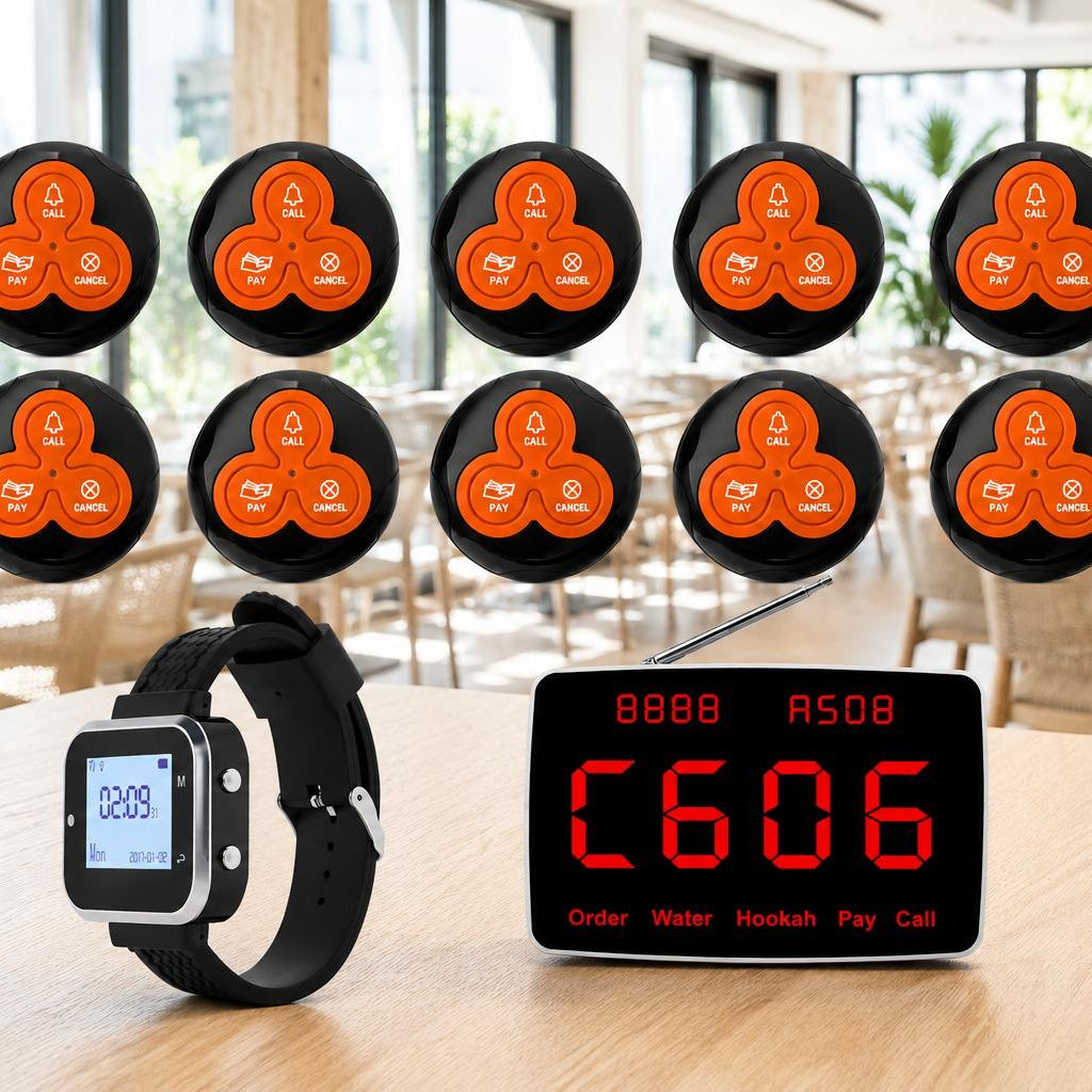Sistema profesional de avisadores inalámbricos para camareros con pantalla, reloj receptor y 10 pulsadores