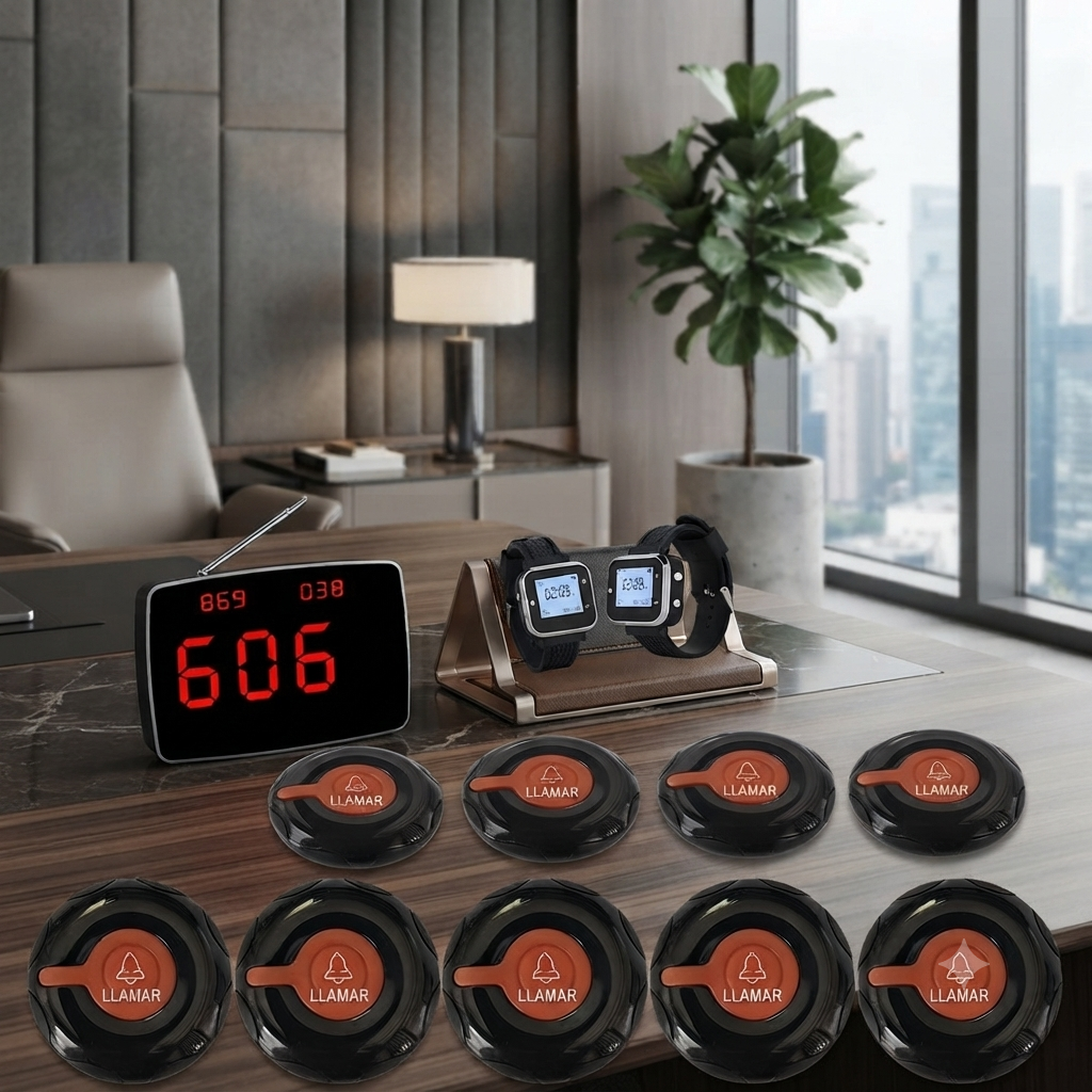 Sistema de avisadores inalámbricos para hostelería con pantalla, 2 relojes y 10 pulsadores