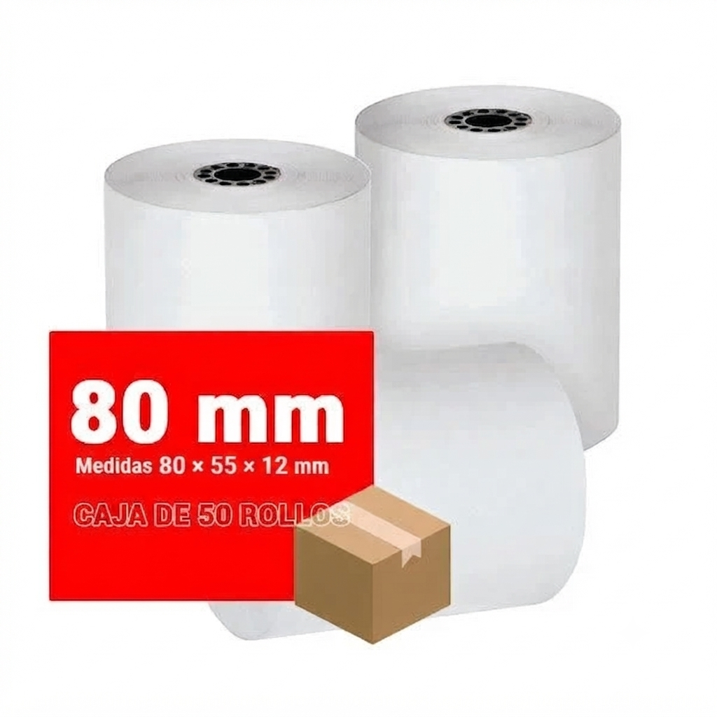 50 Rollos Papel Térmico 80 × 55 × 12 mm – SIN BPA