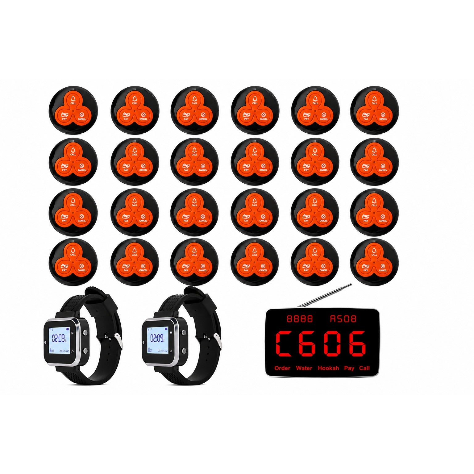 Sistema profesional de avisadores para camareros con pantalla receptora, 2 relojes inalámbricos y 24 avisadores de mesa