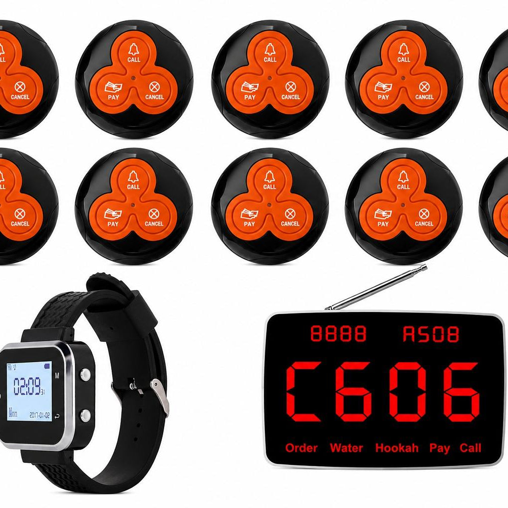Sistema profesional de avisadores inalámbricos para camareros con pantalla, reloj receptor y 10 pulsadores