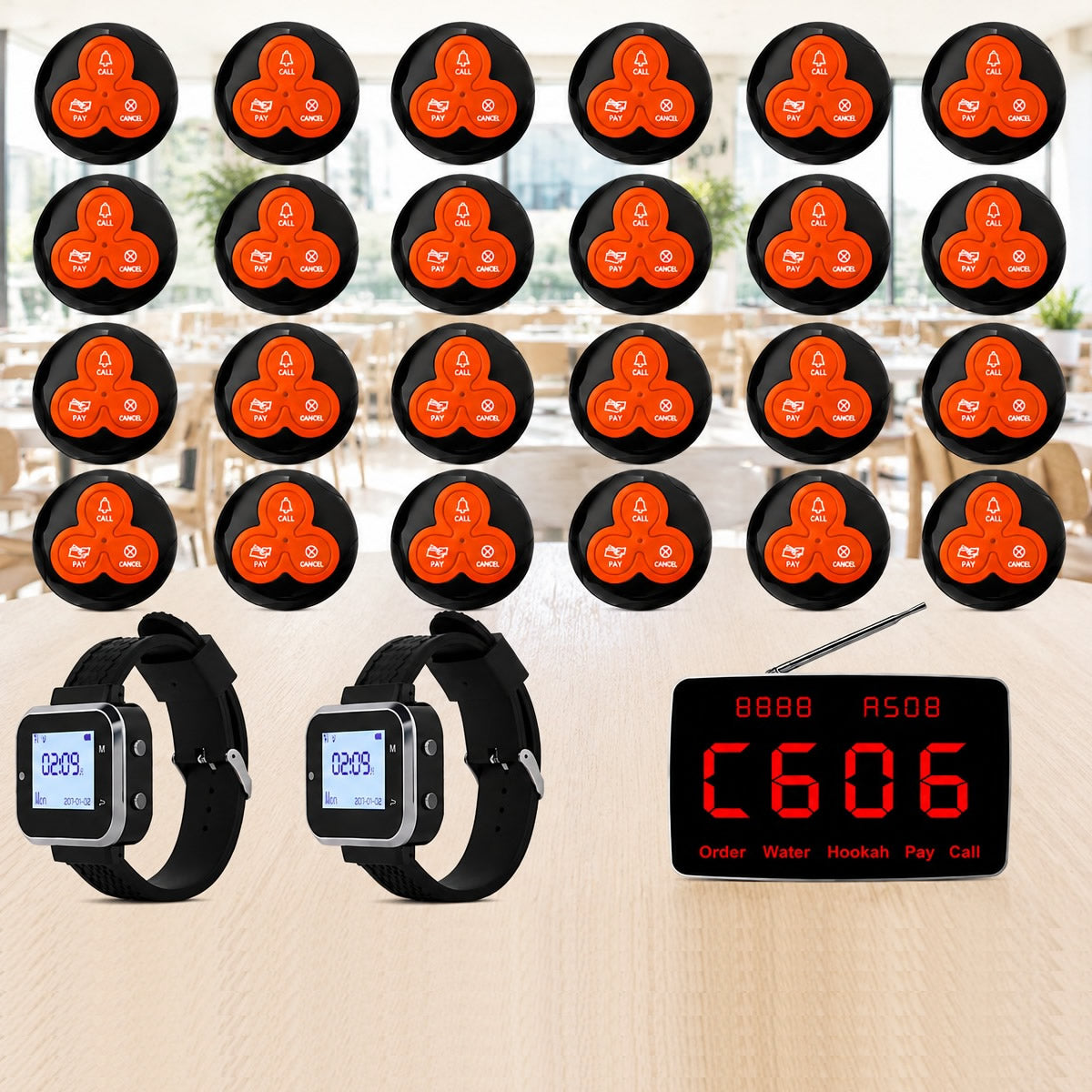 Sistema profesional de avisadores para camareros con pantalla receptora, 2 relojes inalámbricos y 24 avisadores de mesa