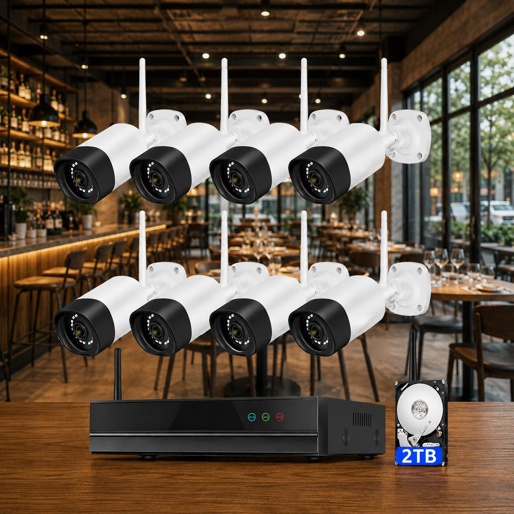 Sistema de videovigilancia WiFi para bares y restaurantes — 8 cámaras 5MP, todo incluido y listo en 24 horas