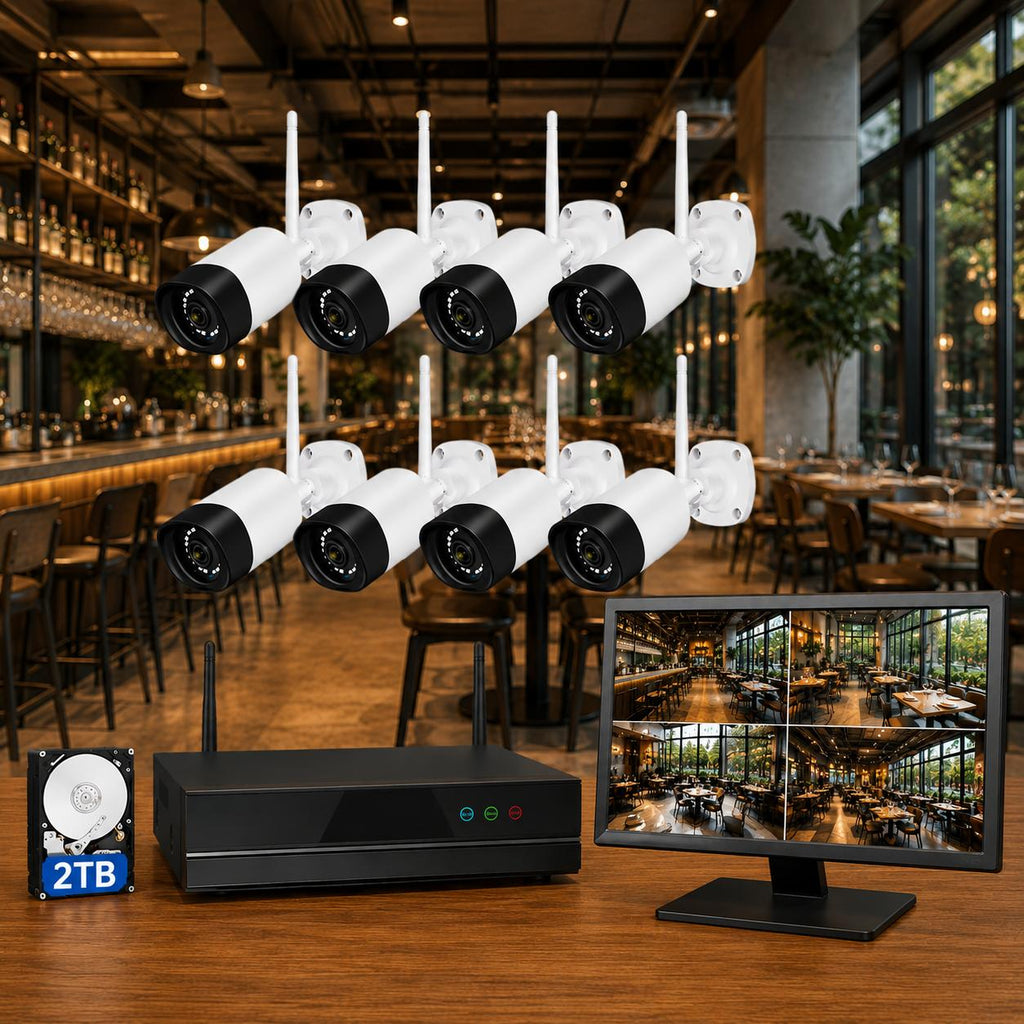 Sistema de videovigilancia WiFi para bares y restaurantes — 8 cámaras 5MP, todo incluido y listo en 24 horas