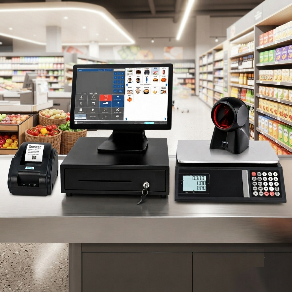 Complete POS with Scale, Barcode Scanner, Printer and Cash Drawer for Supermarkets and Food Shops