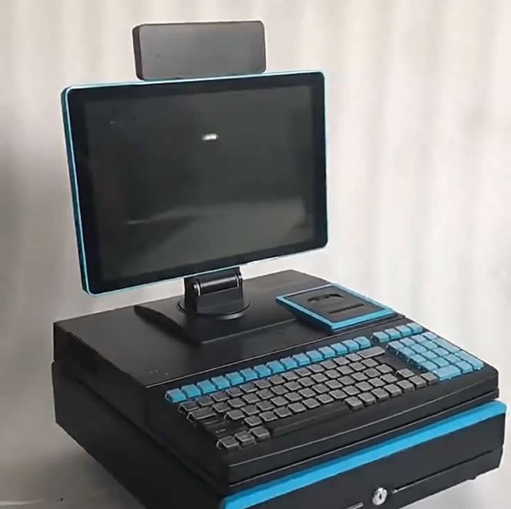 TPV táctil todo en uno modelo K12 azul – con impresora, teclado. Pantalla táctil y scanner