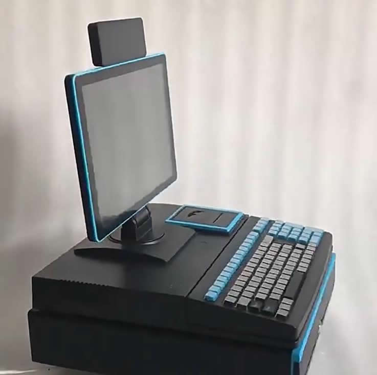 TPV táctil todo en uno modelo K12 azul – con impresora, teclado. Pantalla táctil y scanner
