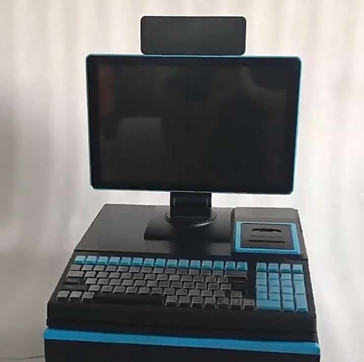 TPV táctil todo en uno modelo K12 azul – con impresora, teclado. Pantalla táctil y scanner