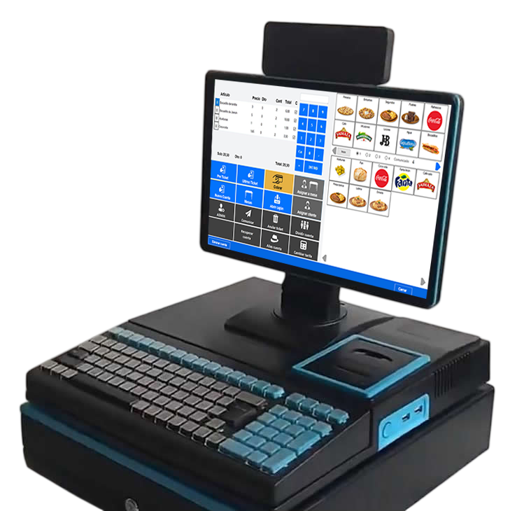 TPV táctil todo en uno modelo K12 azul – con impresora, teclado. Pantalla táctil y scanner