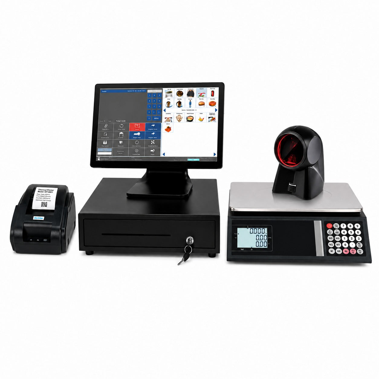 Complete POS with Scale, Barcode Scanner, Printer and Cash Drawer for Supermarkets and Food Shops