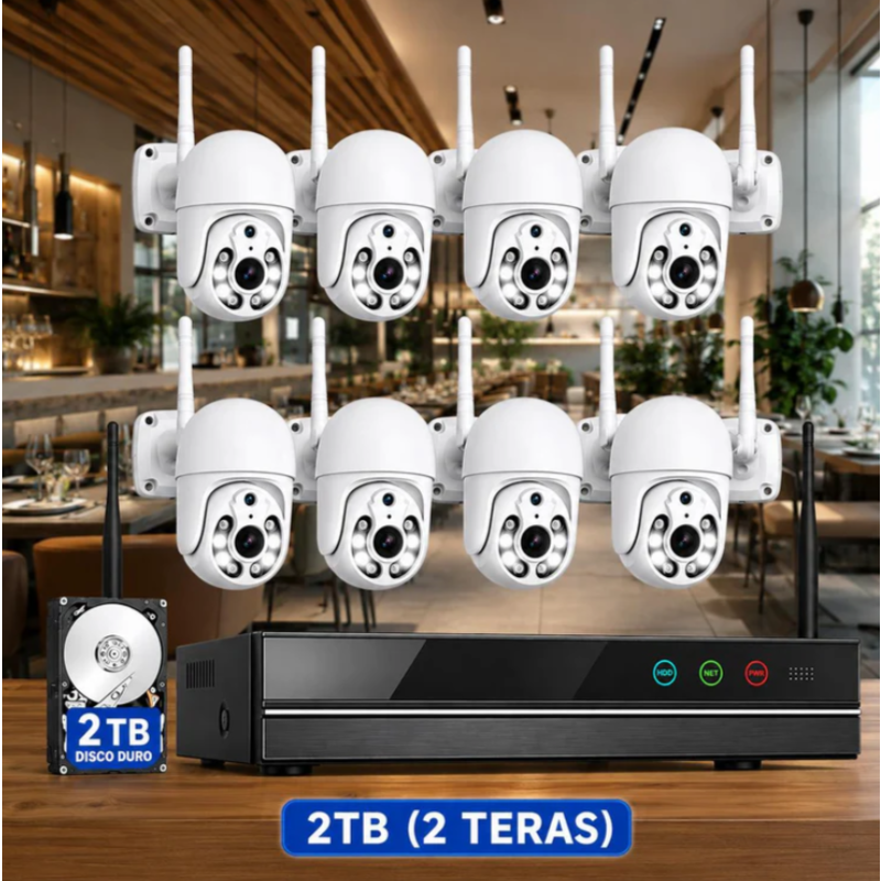 Videovigilancia inteligente para bares y restaurantes — 8 cámaras PTZ motorizadas con IA, todo incluido y listo en 24 horas
