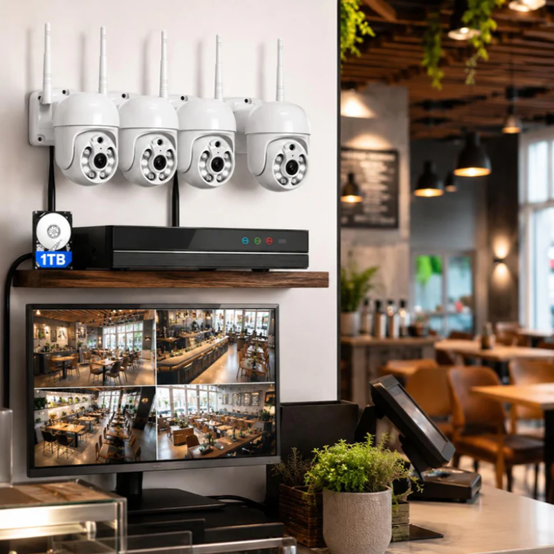 Videovigilancia inteligente para bares y restaurantes - 4 cámaras PTZ motorizadas con IA, todo incluido y listo en 24 horas