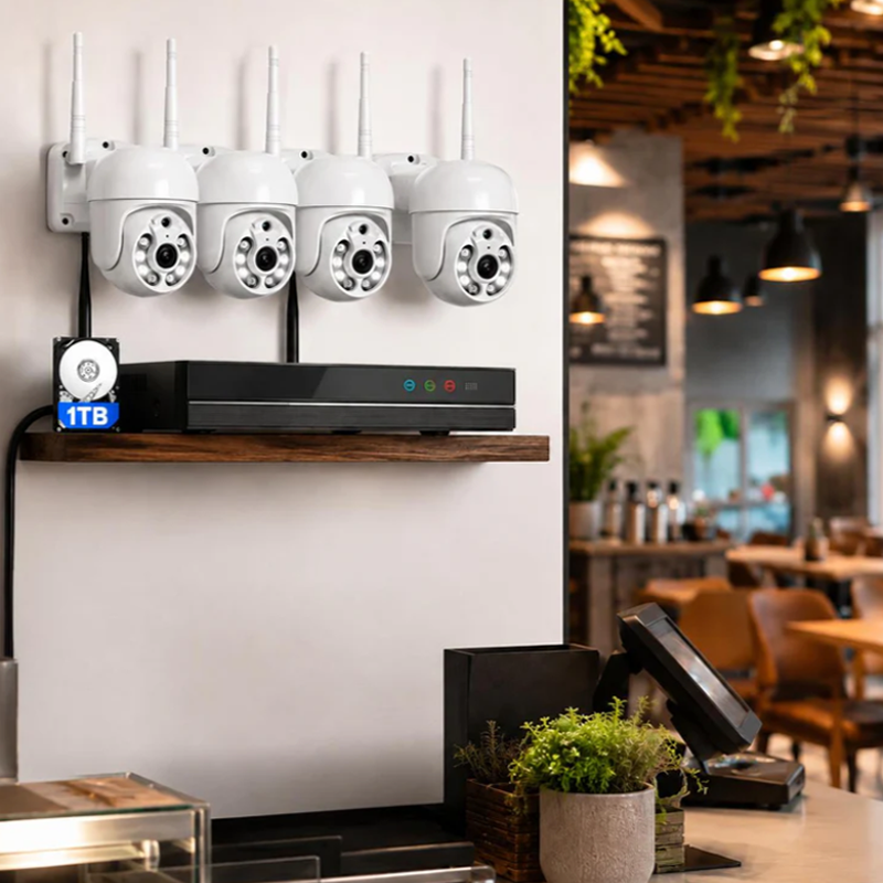 Videovigilancia inteligente para bares y restaurantes - 4 cámaras PTZ motorizadas con IA, todo incluido y listo en 24 horas